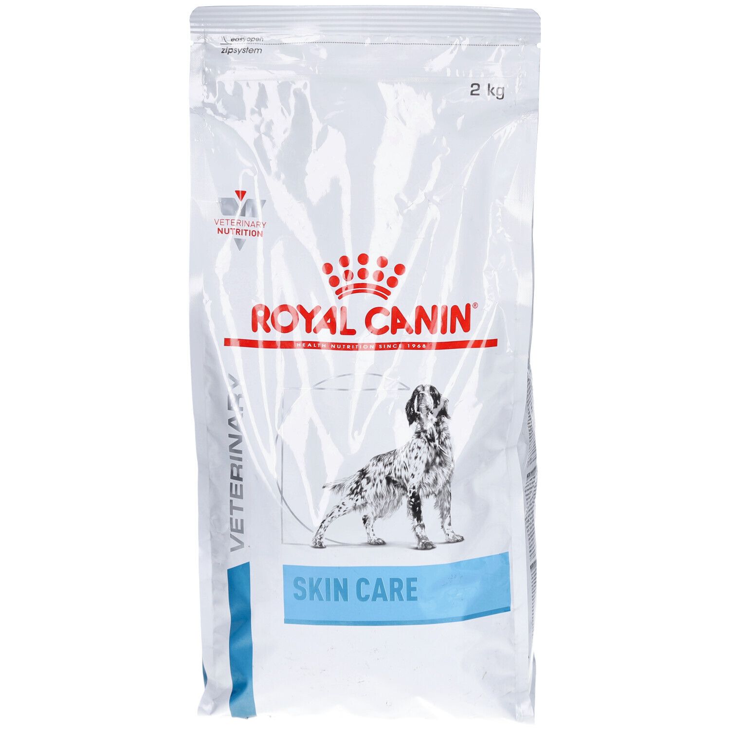 Weißer Beutel Royal Canin Skin Care. Logo, Produktbezeichnung und Hundeabbildung. 2 kg.