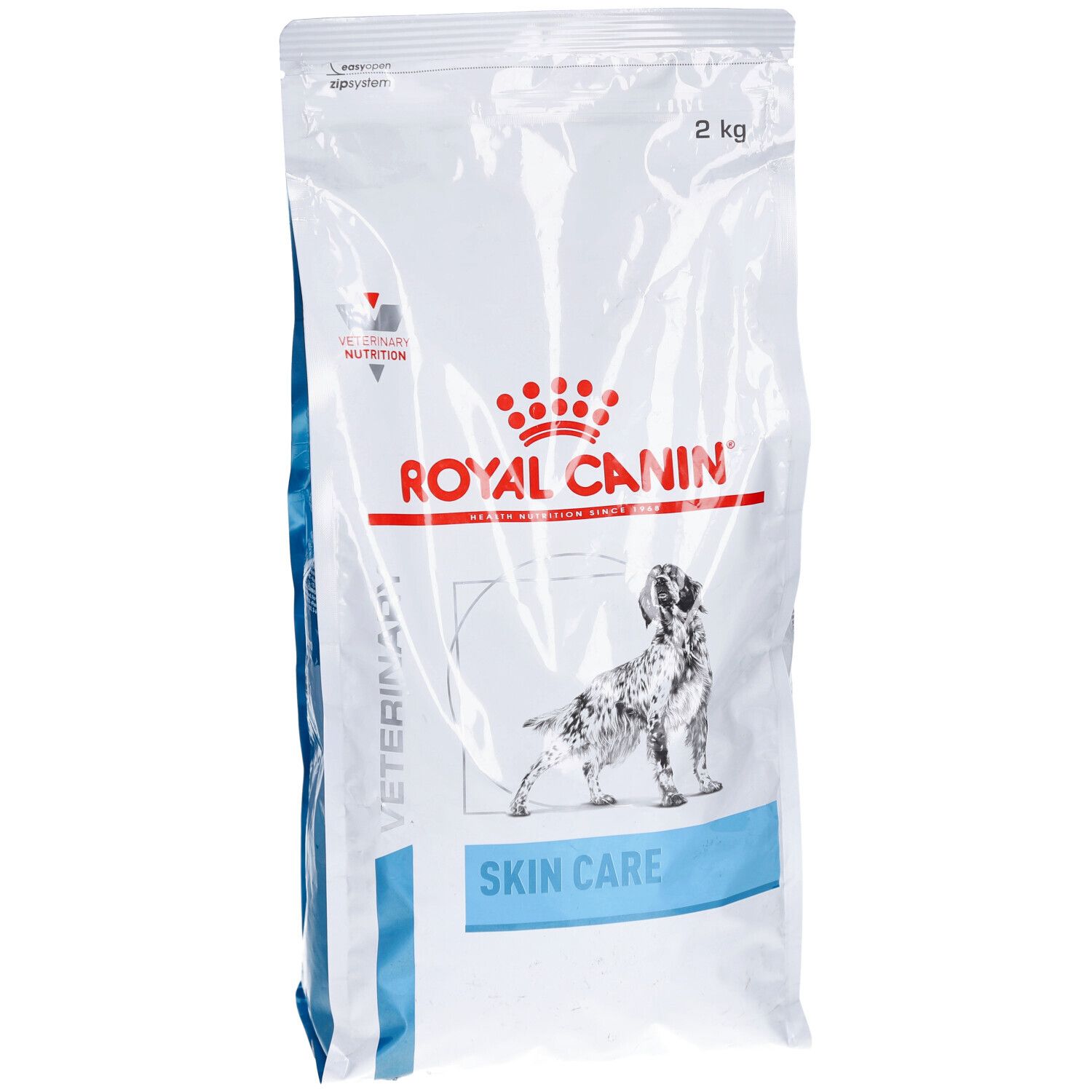 Weißer Beutel Royal Canin Skin Care. Logo, Produktbezeichnung und Hundeabbildung. 2 kg.
