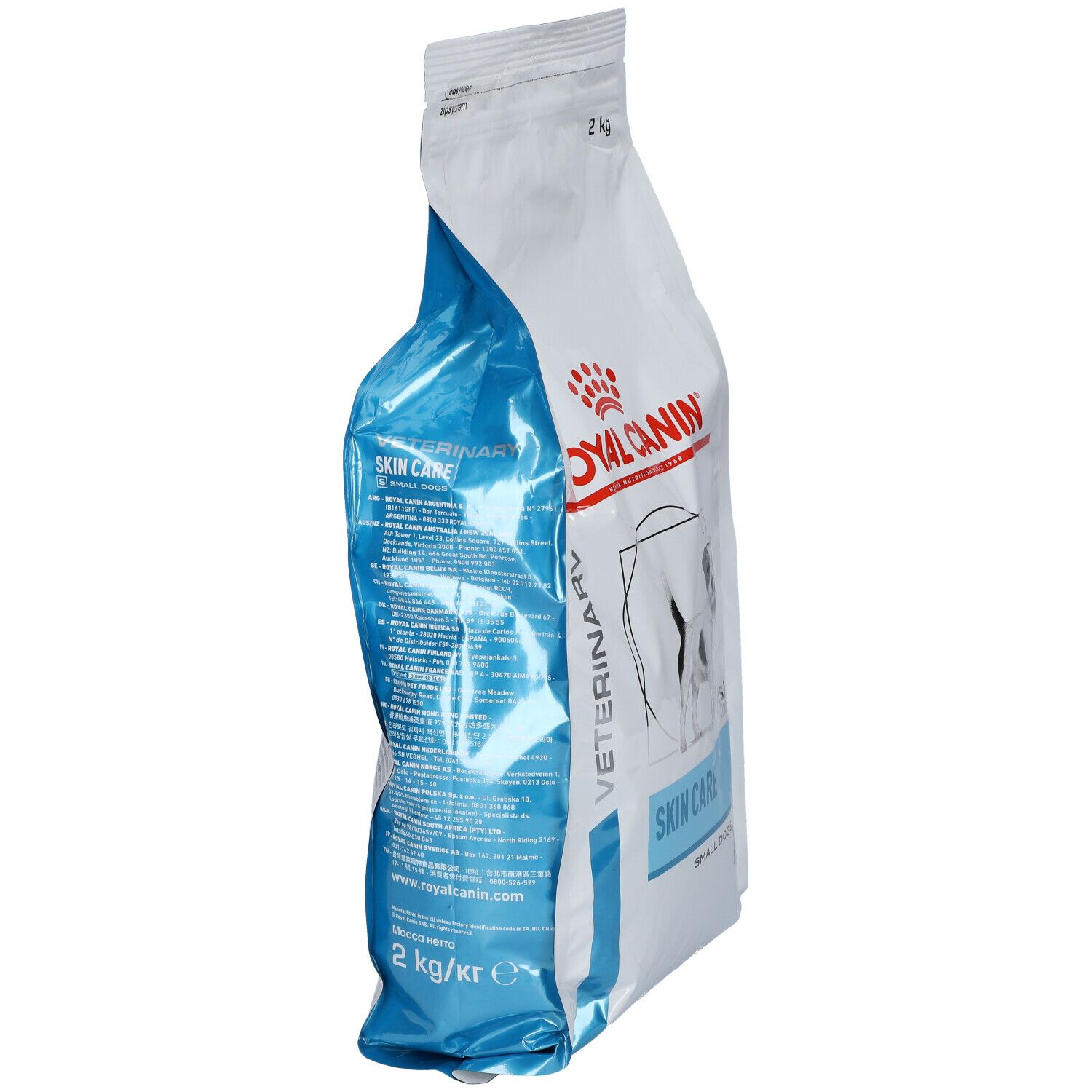 Vue latérale du sac Royal Canin Skin Care. Logo, nom du produit, chien et texte. 2 kg.