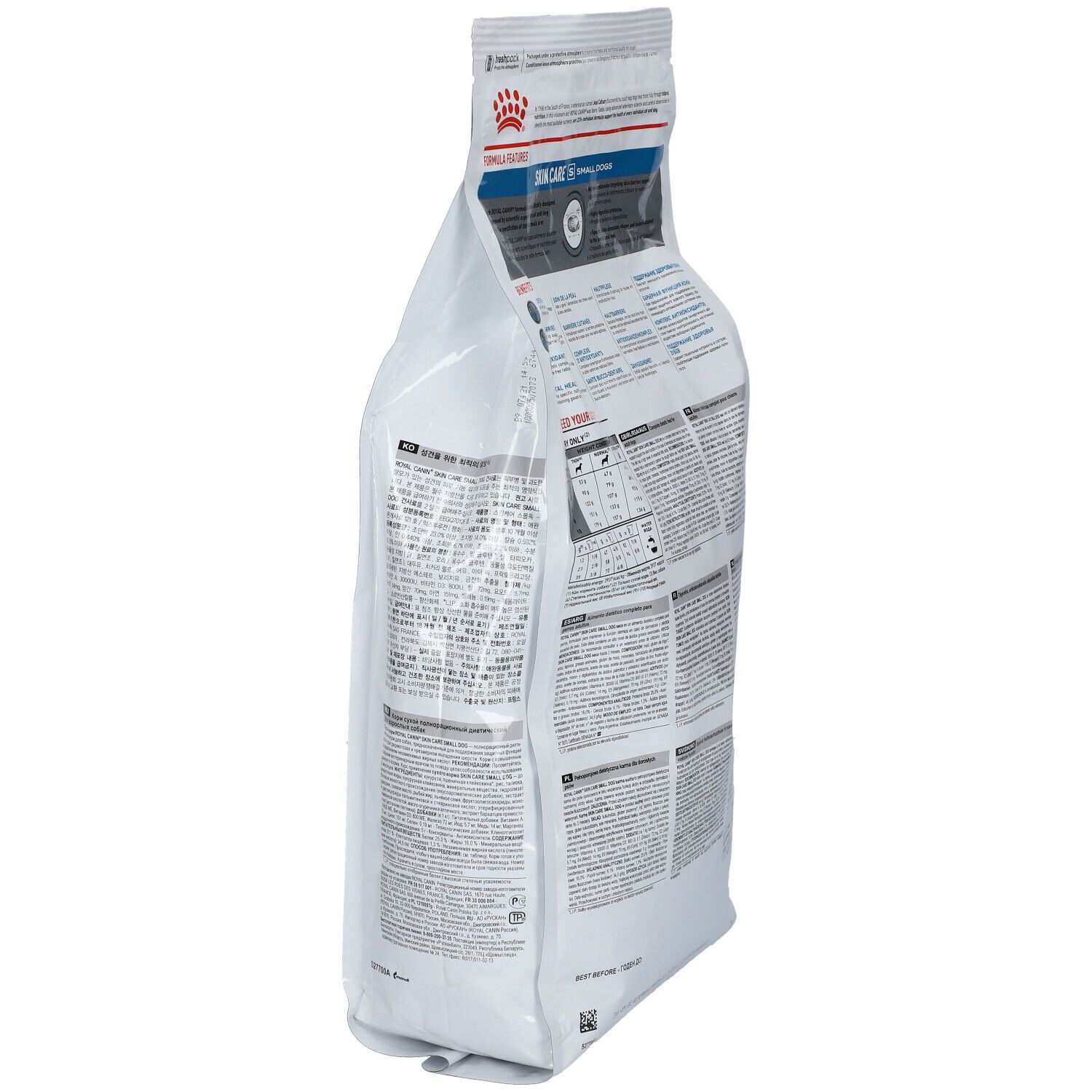 Vue latérale du sac Royal Canin Skin Care. Texte, informations produit, informations nutritionnelles. 2 kg.
