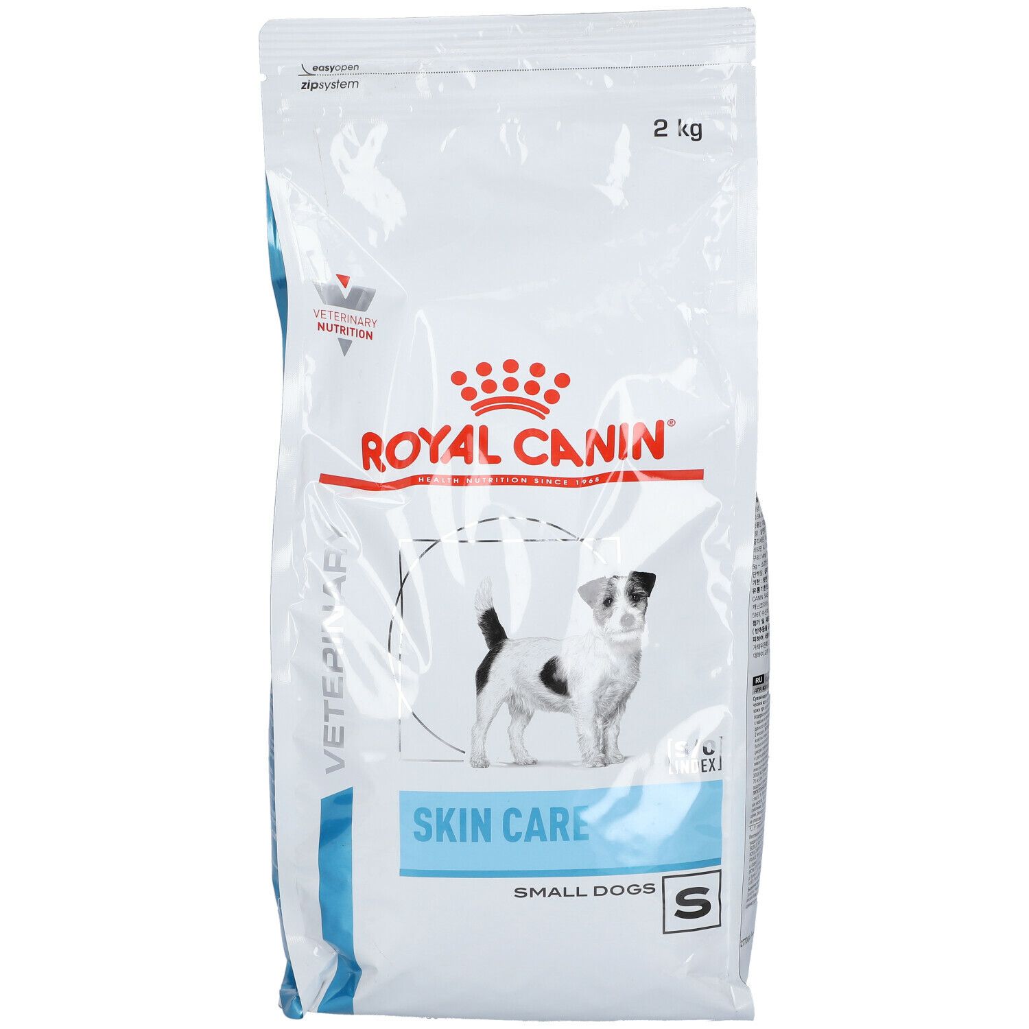 Sac Royal Canin Skin Care pour petits chiens. Logo, nom du produit, chien. 2 kg.