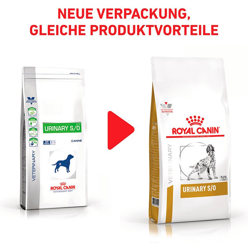 Zwei Säcke Hundefutter von Royal Canin Urinary S/O. Neue Verpackung links, alte rechts.