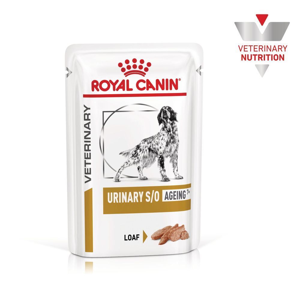 Royal Canin Veterinary Urinary S/O Ageing Loaf Hundefutter-Beutel mit Hundebild und "Veterinary Nutrition"-Logo.