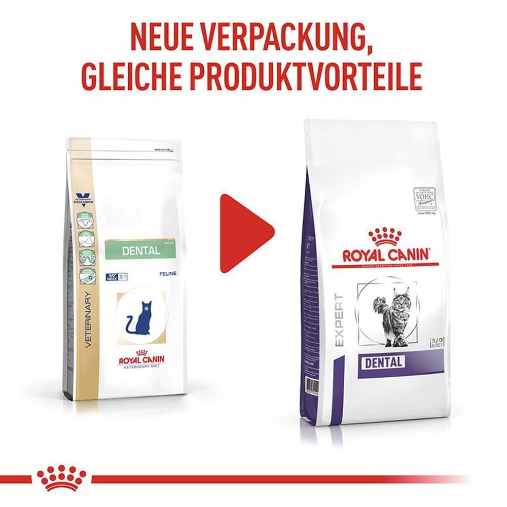 Zwei Säcke Royal Canin Dental Katzenfutter. "Neue Verpackung, gleiche Produktvorteile" steht darüber.