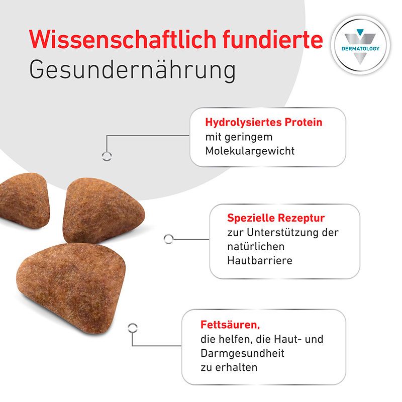 Tiernahrung mit hydrolysiertem Protein, spezieller Rezeptur für Hautbarriere und Fettsäuren für Haut- und Darmgesundheit.