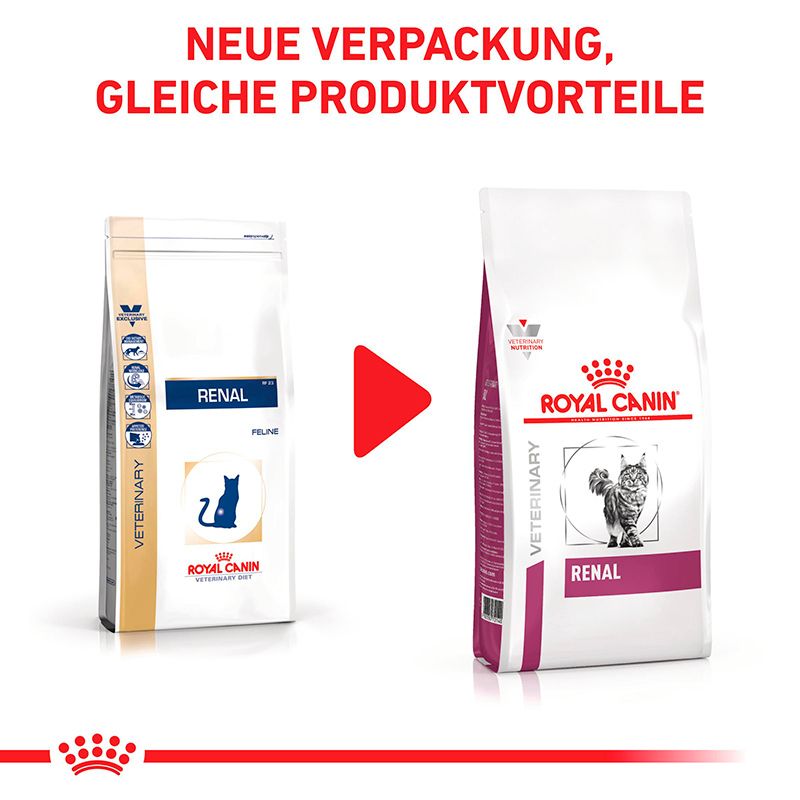 Vergleich von alter und neuer Verpackung von ROYAL CANIN Veterinary Renal.