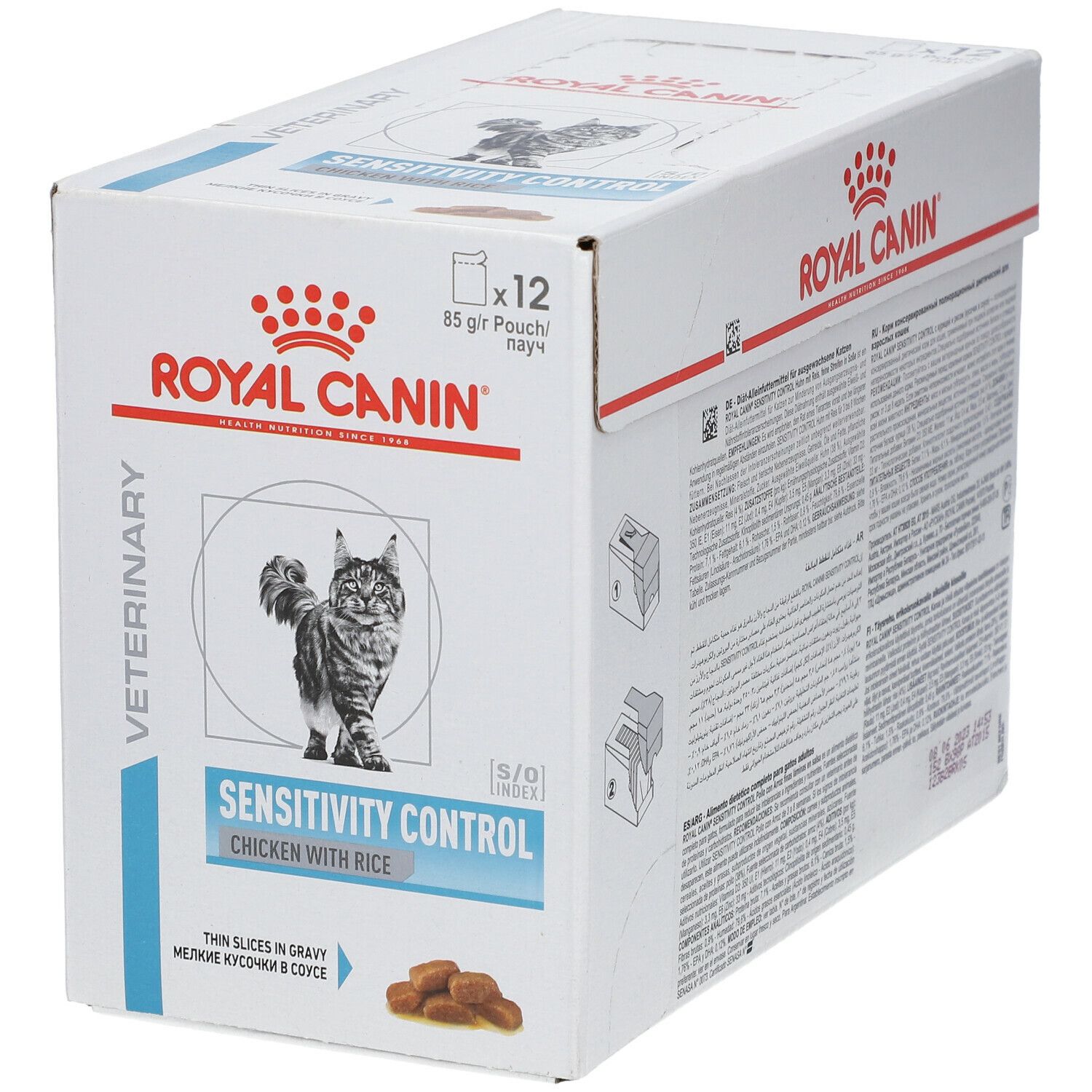 Doos ROYAL CANIN Sensitivity Control. Opschrift: Chicken with Rice. Afbeelding van een kat. 12 zakjes van 85g.