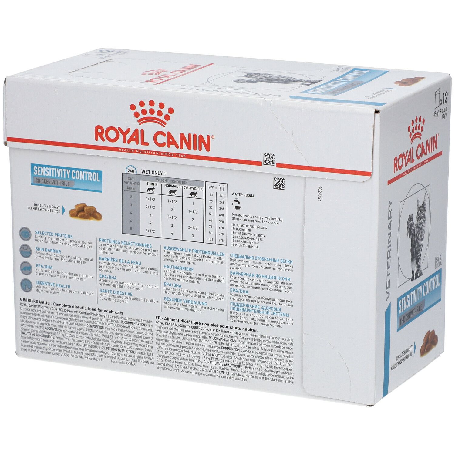 Achterkant van de ROYAL CANIN Sensitivity Control doos. Tekstinformatie en voedingsaanbevelingen. Afbeelding van een kat.