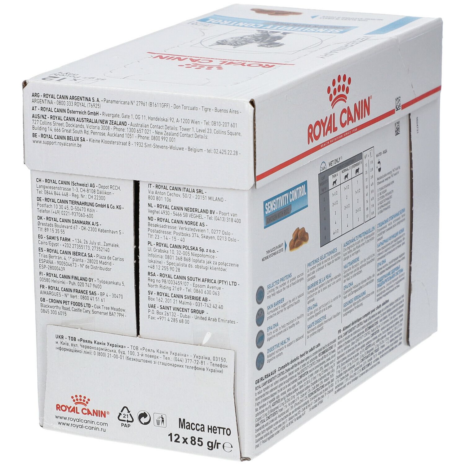 ROYAL CANIN Sensitivity Control doos. Tekstinformatie en adressen. Nettogewicht: 12 x 85 g.