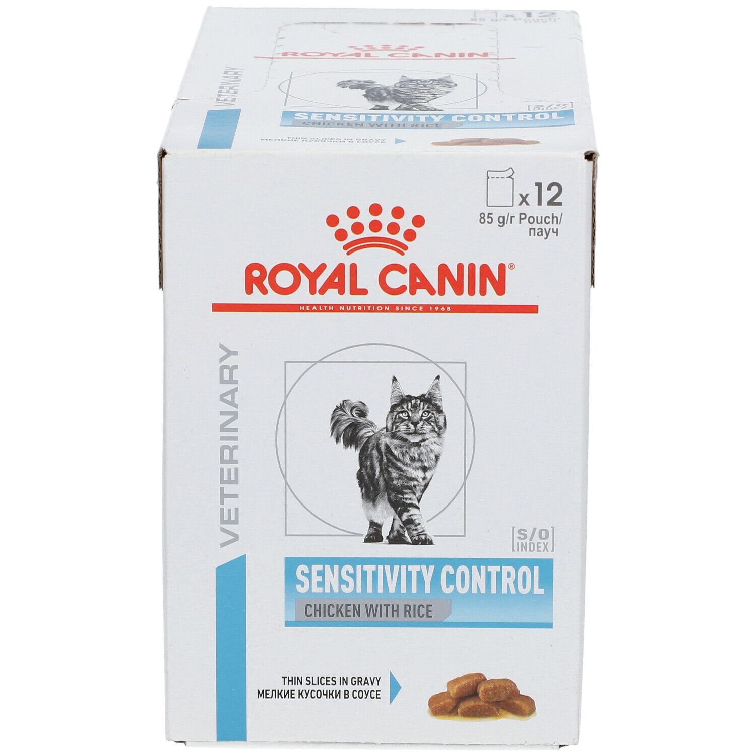 ROYAL CANIN Sensitivity Control doos. Opschrift: Chicken with Rice. Afbeelding van een kat. 12 zakjes van 85g.