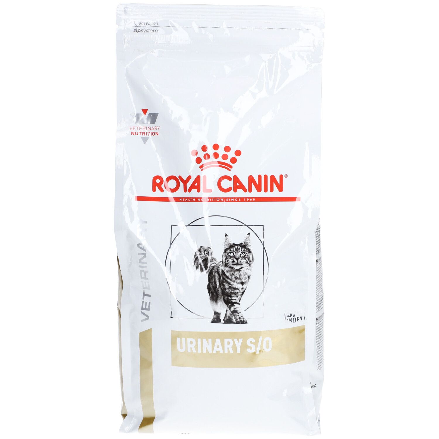 Sac Royal Canin Veterinary Urinary S/O. Blanc, logo rouge et chat. Texte: Urinary S/O.