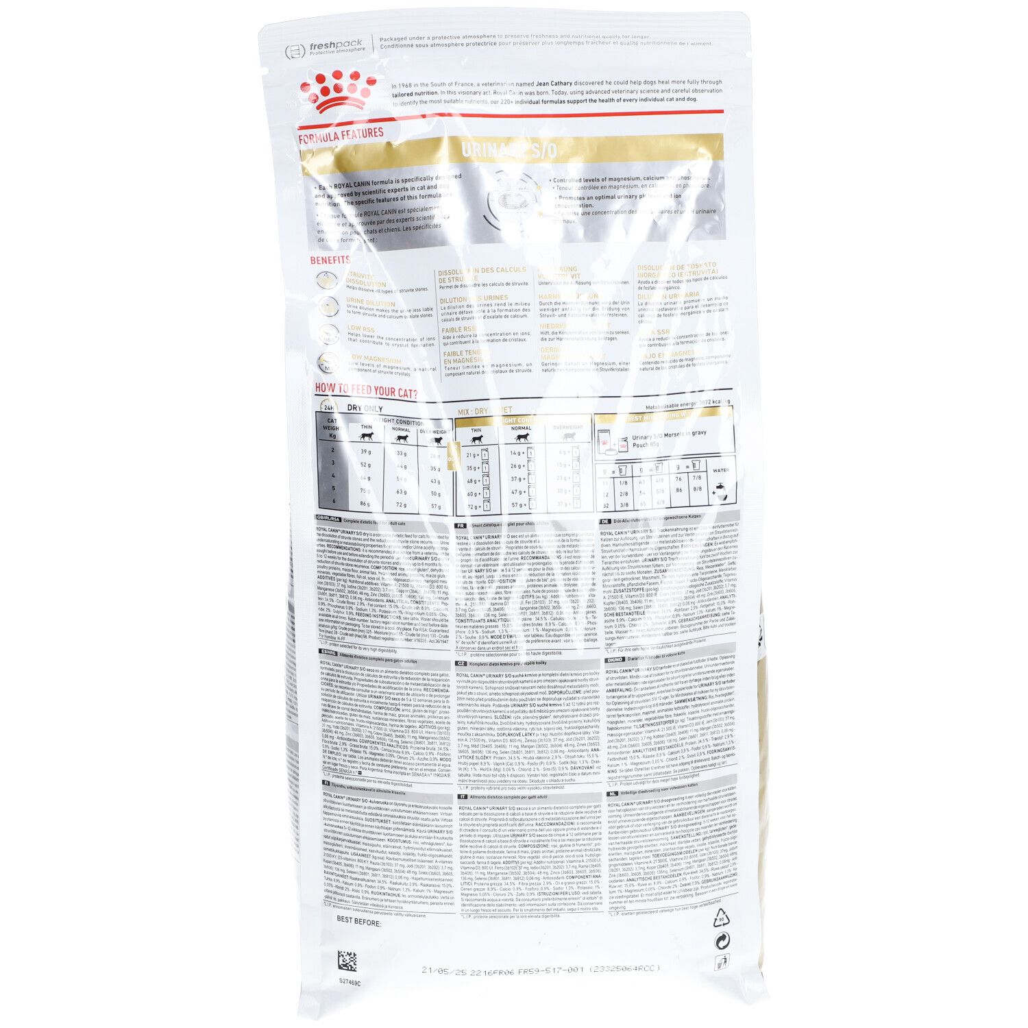 Dos du sac Royal Canin Veterinary Urinary S/O. Texte et tableaux sur fond transparent.