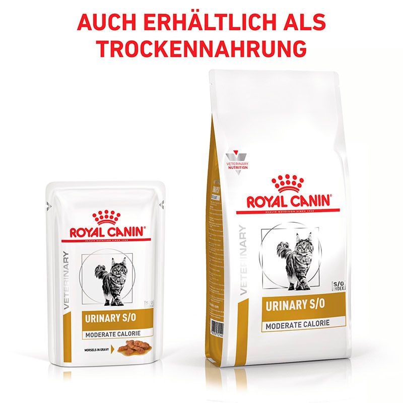 Seite einer Royal Canin Urinary S/O Moderate Calorie Katzenfutter Box.