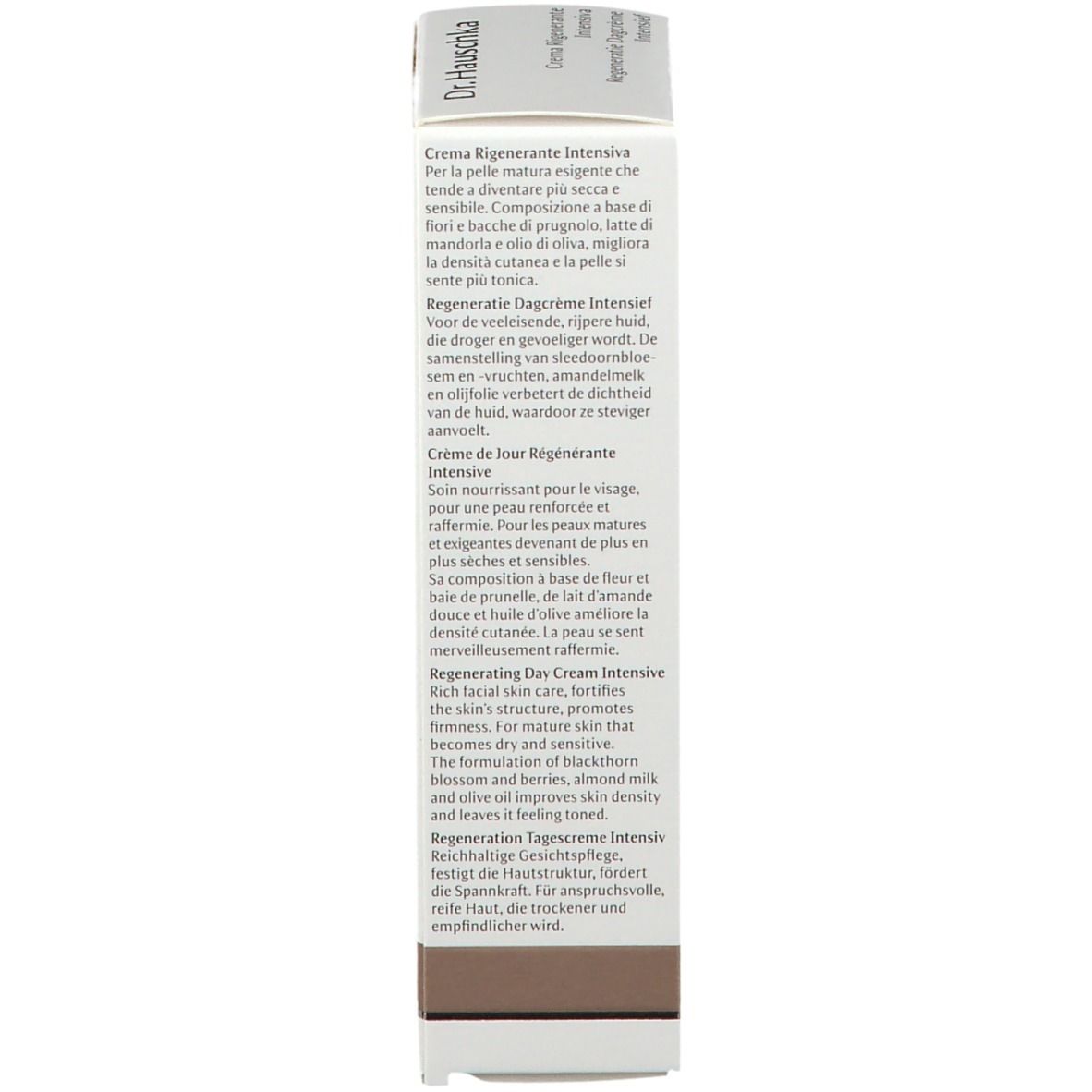 Rückseite der Verpackung. Text in mehreren Sprachen. Marke: Dr. Hauschka. Brauner Streifen am unteren Rand.