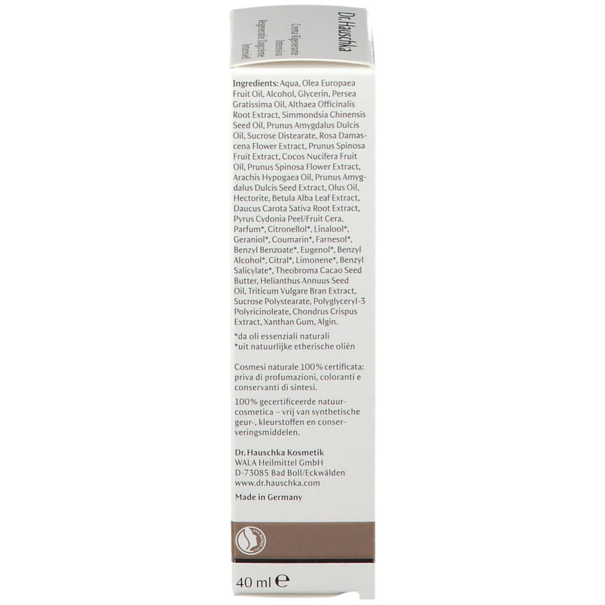 Rückseite der Verpackung. Inhaltsstoffe und Zertifizierungen. Marke: Dr. Hauschka. 40 ml.
