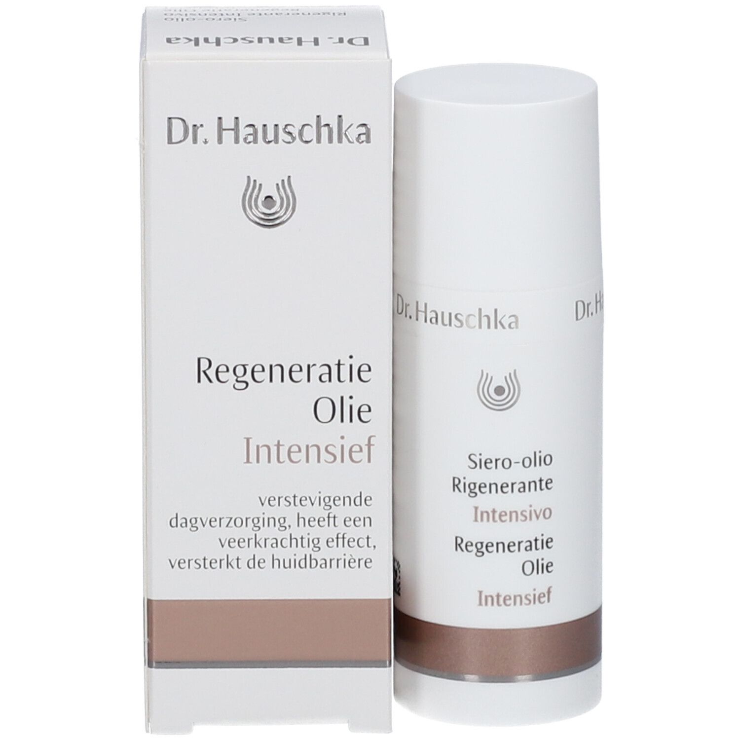 Produktflasche neben Verpackung. Verpackung mit Produktnamen und Logo.