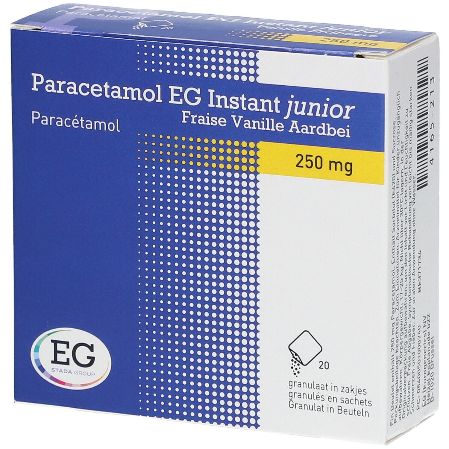 Doos Paracetamol EG Instant junior. 250 mg, Aardbei Vanille smaak. EG logo. 20 zakjes.