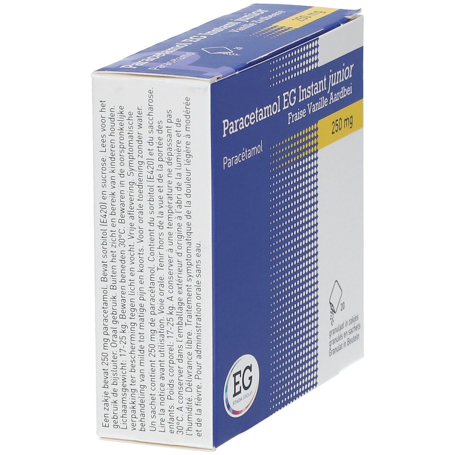 Schuine weergave van de verpakking Paracetamol EG Instant junior. 250 mg, Aardbei Vanille. EG logo. 20 zakjes.