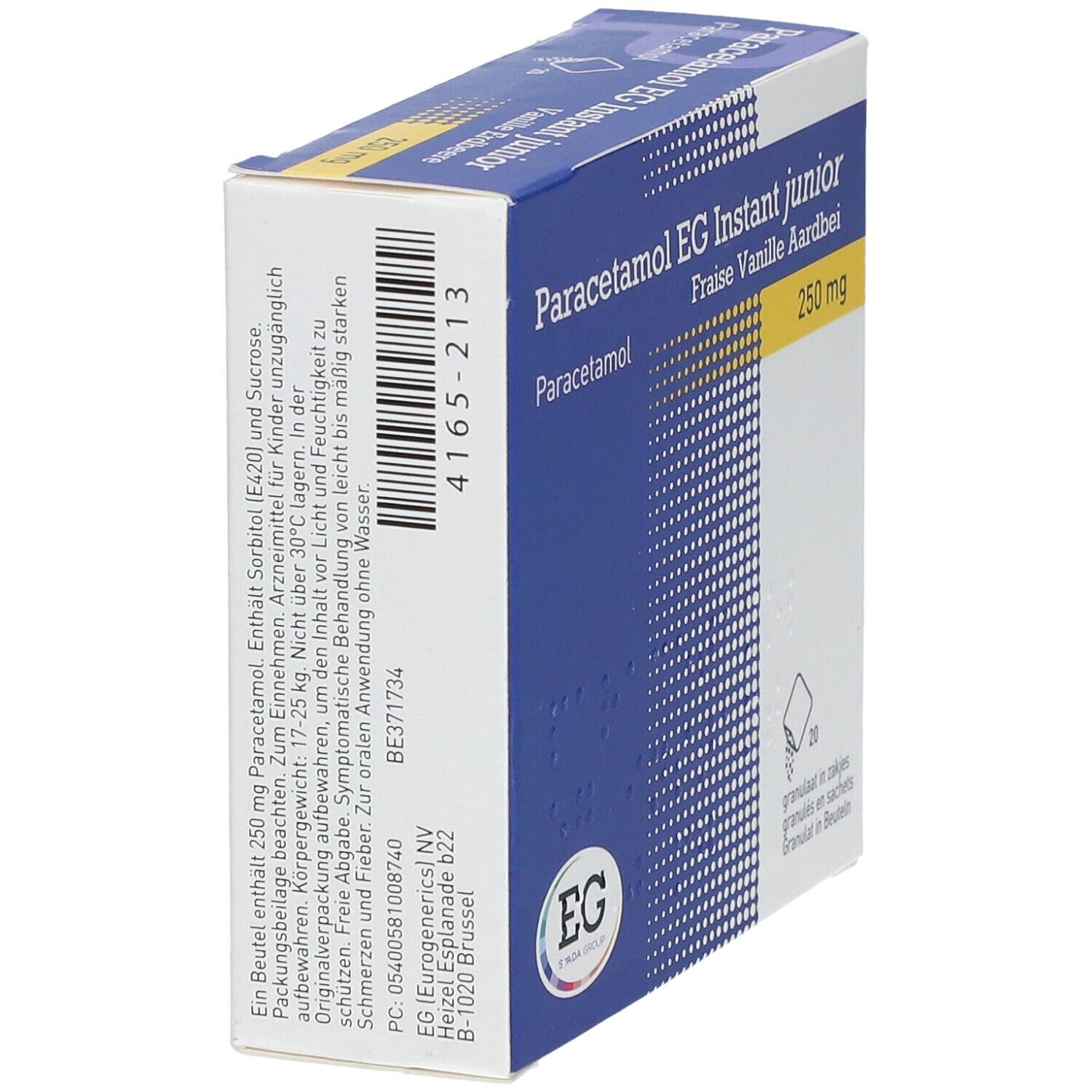 Schuine weergave van de verpakking Paracetamol EG Instant junior. 250 mg, Aardbei Vanille. EG logo. 20 zakjes.