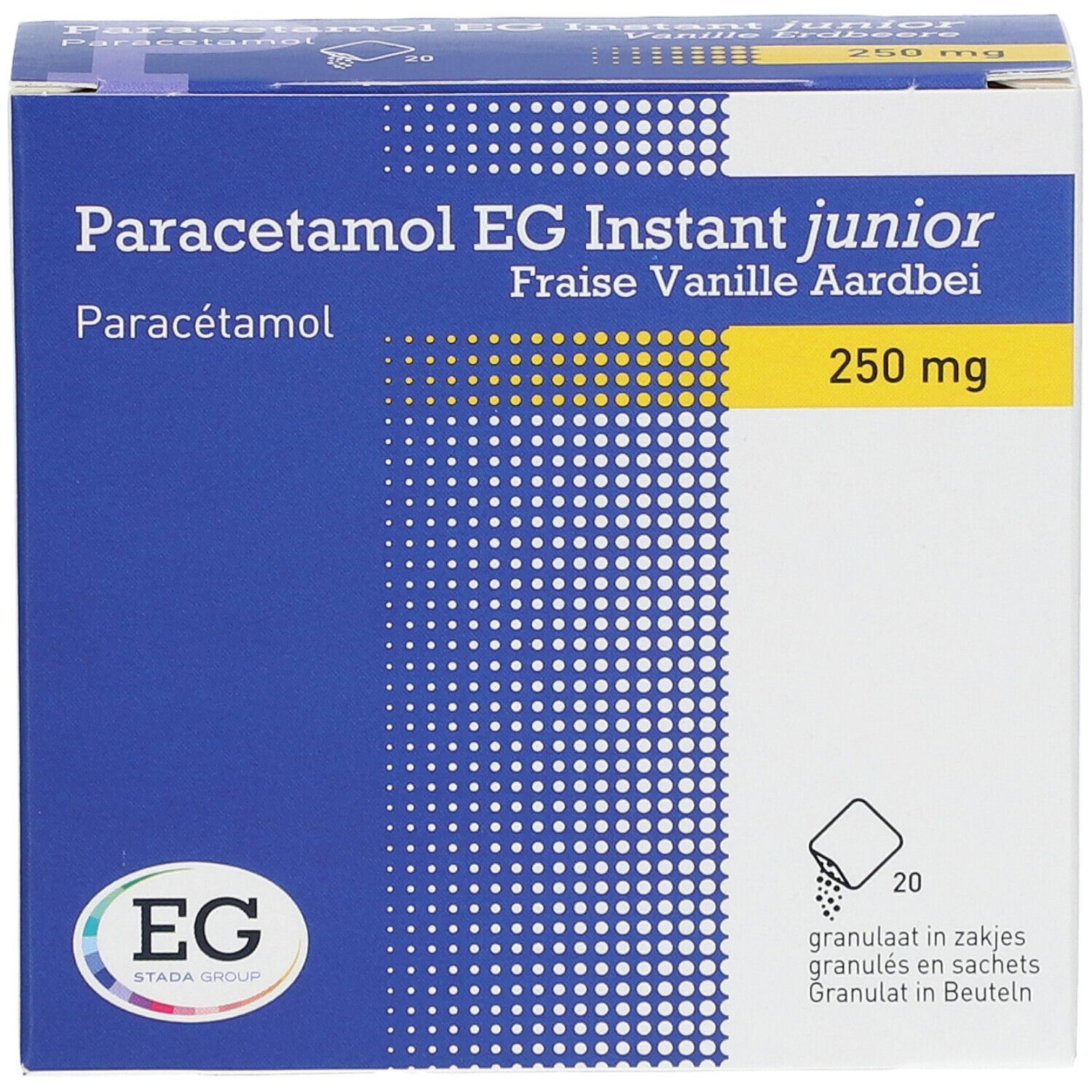 Blauwe doos Paracetamol EG Instant junior. 250 mg, Aardbei Vanille smaak. EG logo. 20 zakjes.