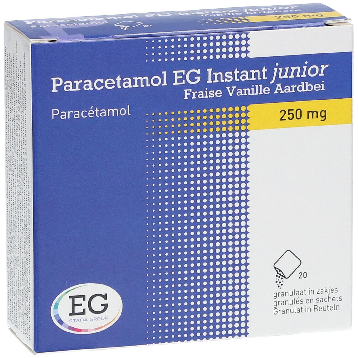 Blauwe doos Paracetamol EG Instant junior. 250 mg, Aardbei Vanille smaak. EG logo. 20 zakjes.