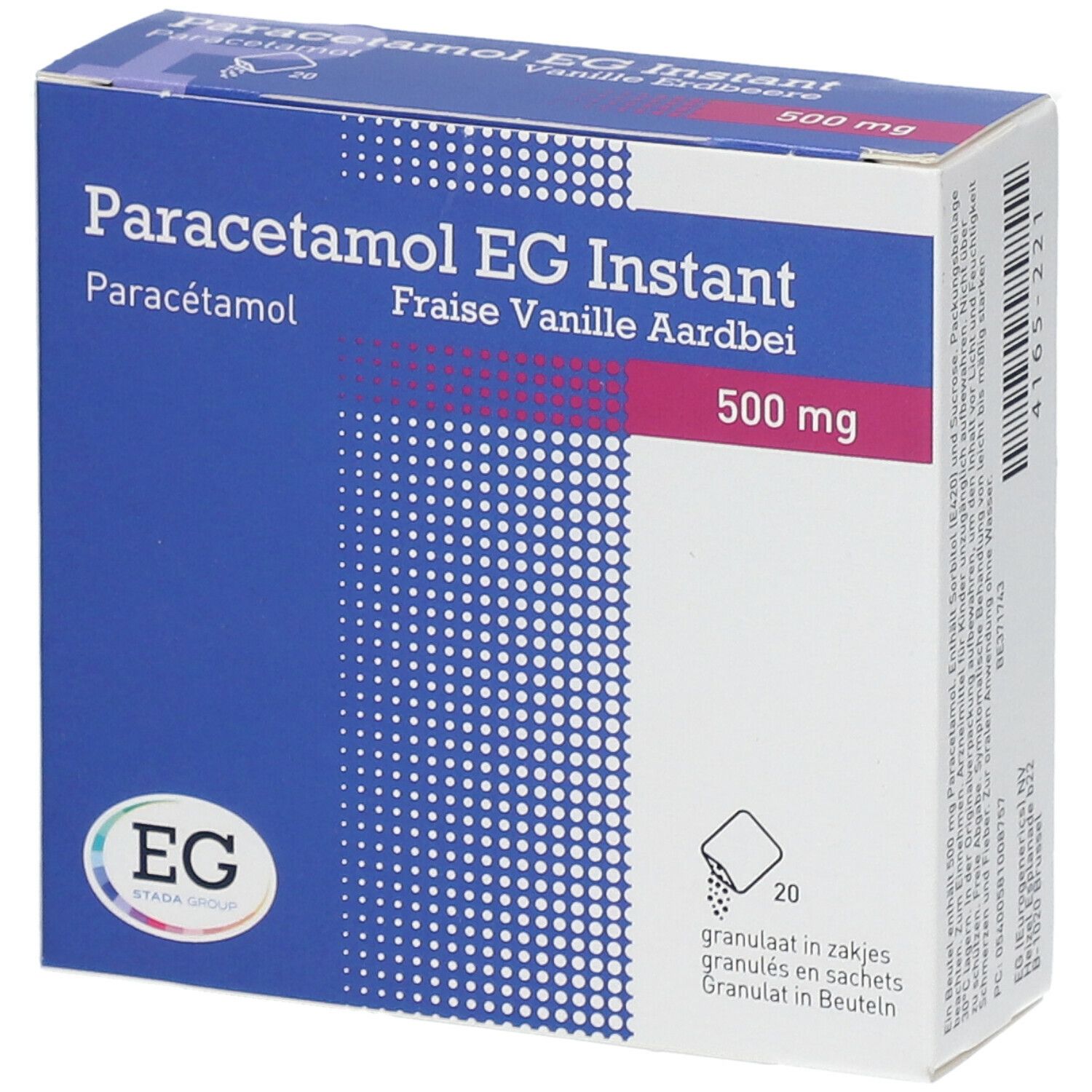 Boîte de Paracétamol EG Instant. Bleu et blanc, avec nom du produit et indication 500 mg. Logo EG en bas à gauche.