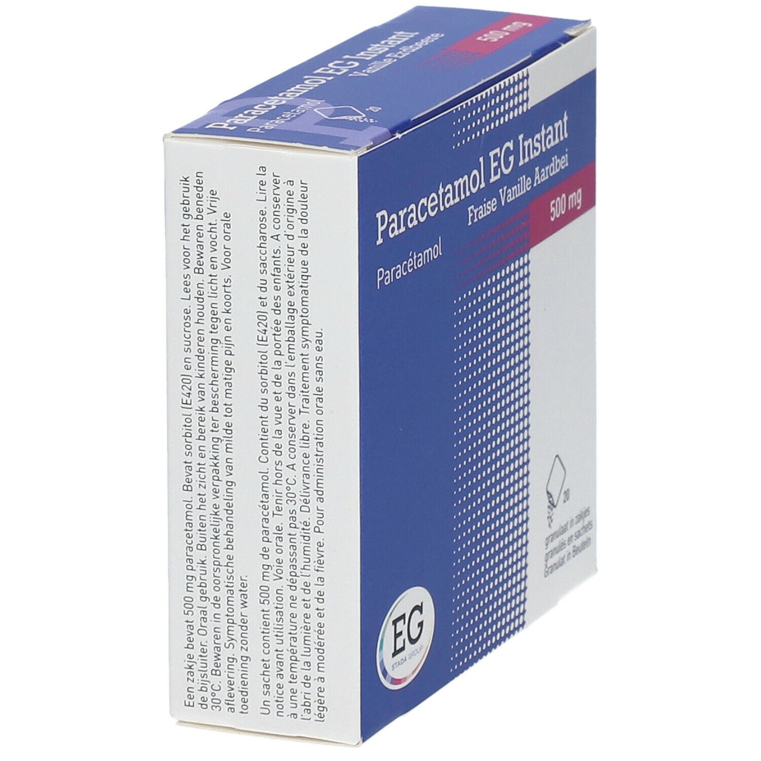 Vue en biais de la boîte de Paracétamol EG Instant. Boîte bleue et blanche avec nom du produit et 500 mg. Logo EG.