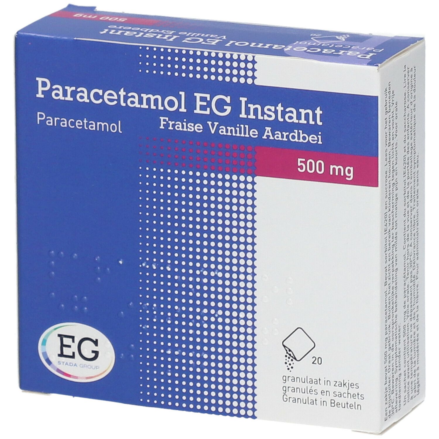 Boîte de Paracétamol EG Instant. Bleu et blanc, avec nom du produit et indication 500 mg. Logo EG en bas à gauche.