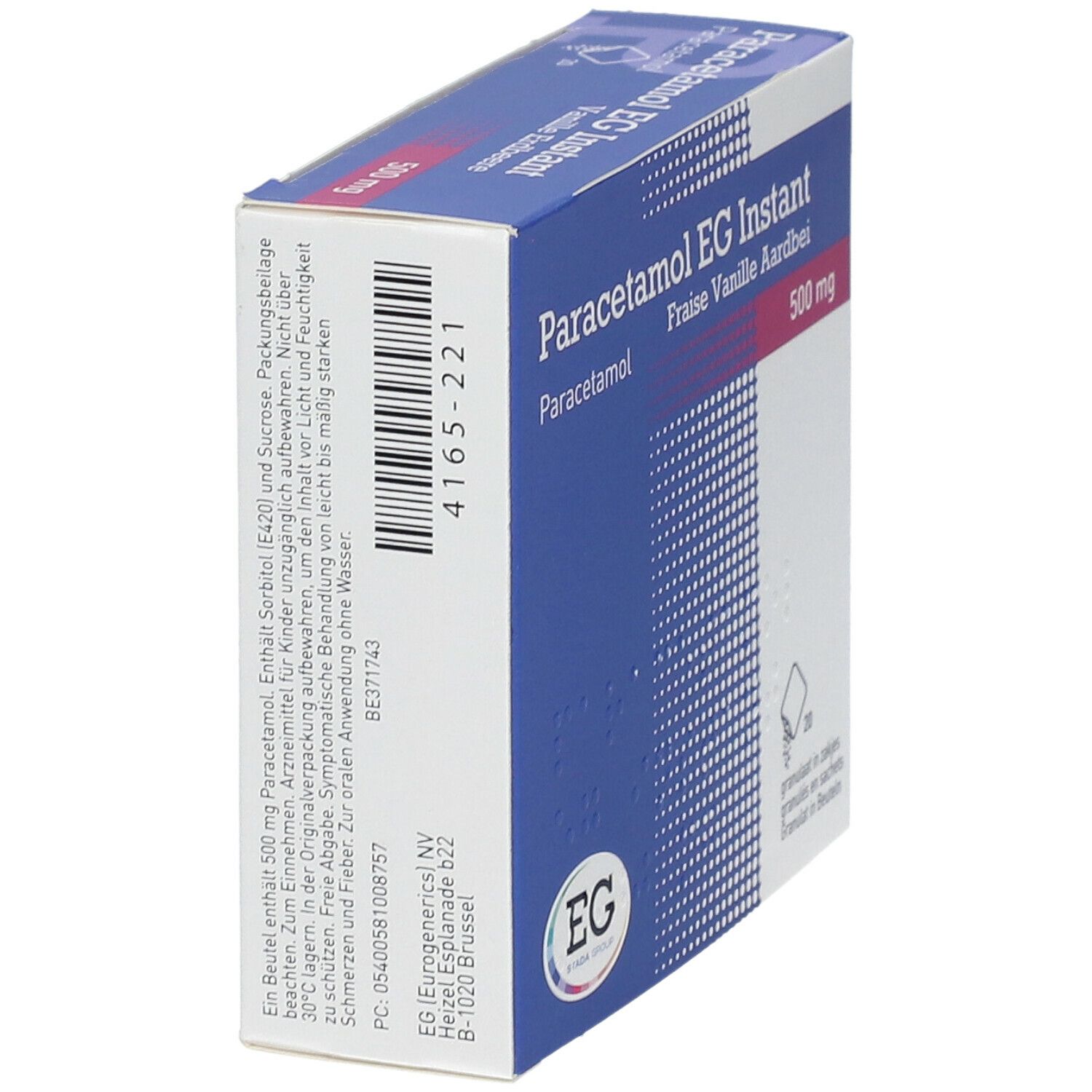 Vue latérale de la boîte de Paracétamol EG Instant. Boîte bleue et blanche avec nom du produit et 500 mg. Logo EG.