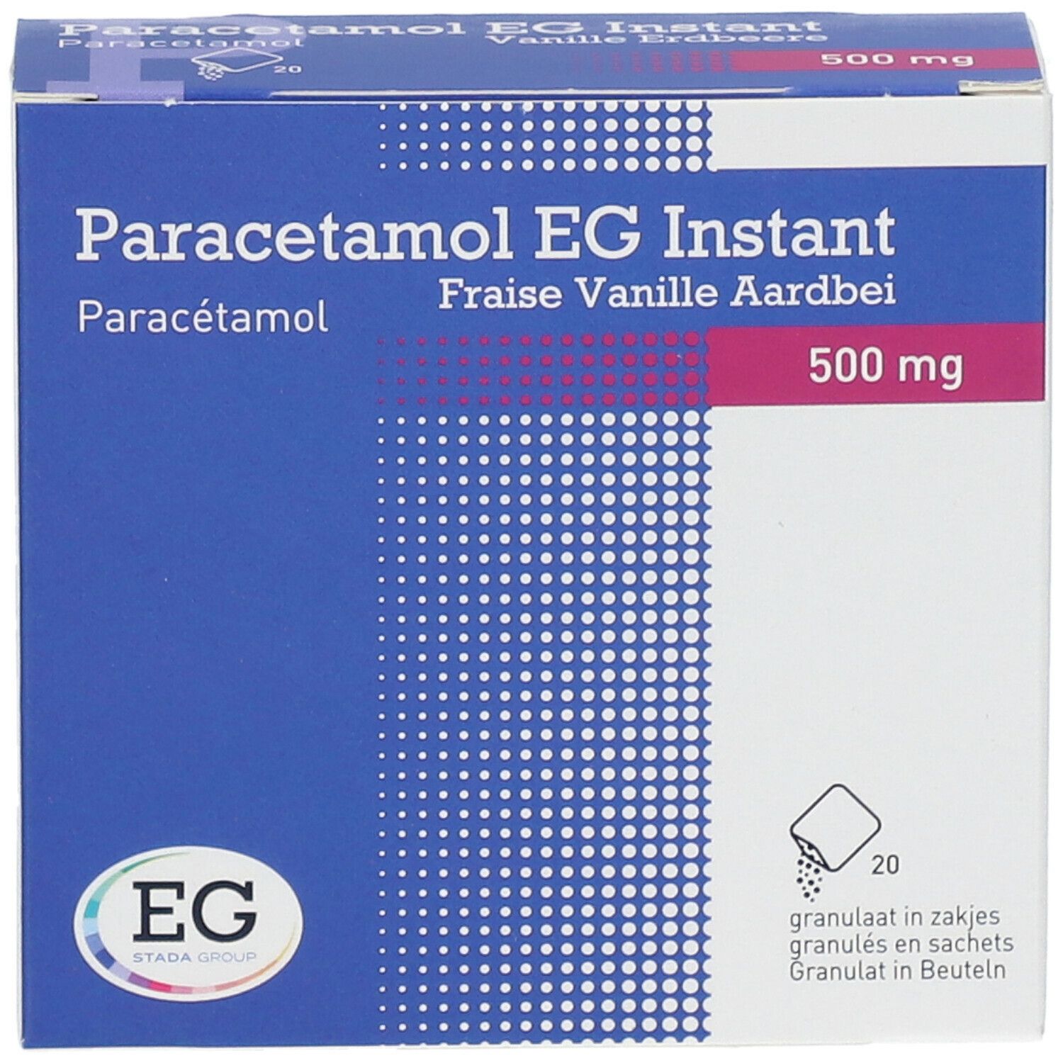 Boîte de Paracétamol EG Instant. Bleu et blanc, avec nom du produit et indication 500 mg. Logo EG en bas à gauche.