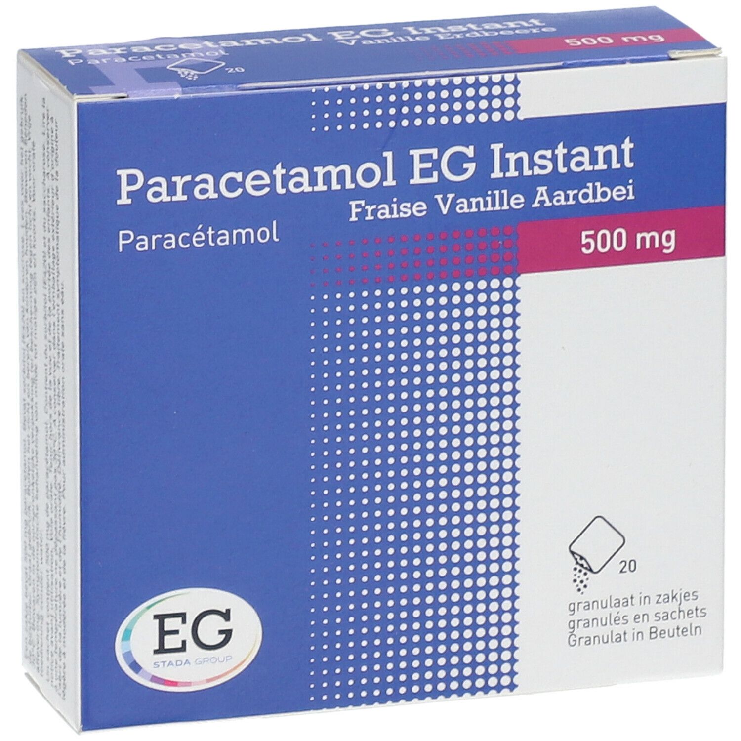 Boîte de Paracétamol EG Instant. Bleu et blanc, avec nom du produit et indication 500 mg. Logo EG en bas à gauche.