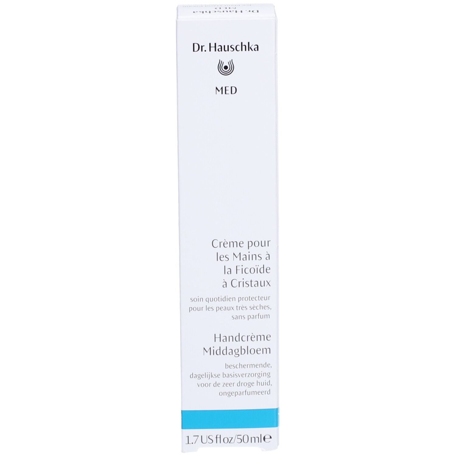 Boîte blanche avec texte bleu. Crème pour les Mains à la Ficoïde à Cristaux. Handcreme Middagbloem. Logo Dr. Hauschka. 1.7 US fl oz/50ml.
