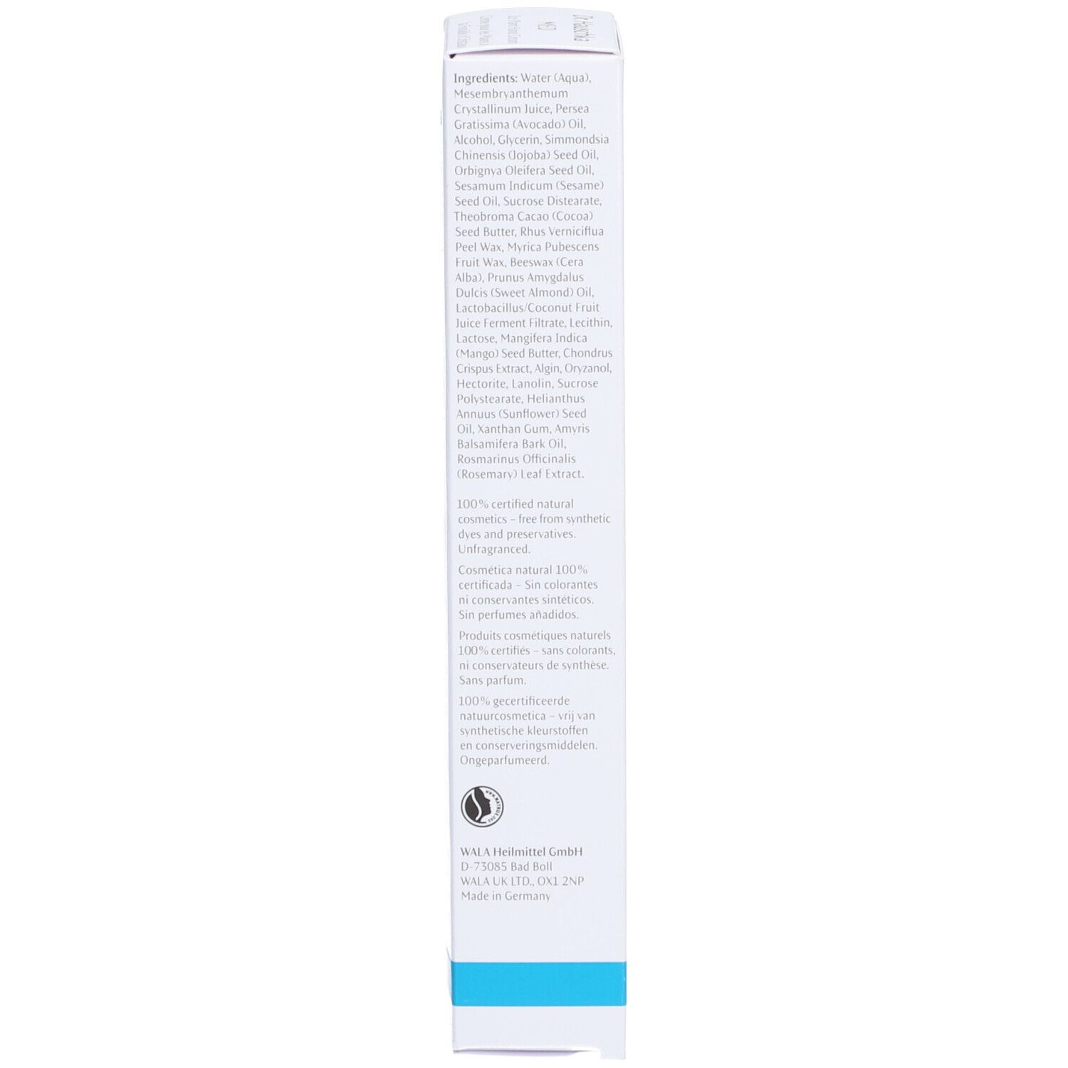 Boîte blanche avec liste d'ingrédients. Cosmétiques naturels certifiés 100%. Fabriqué en Allemagne.