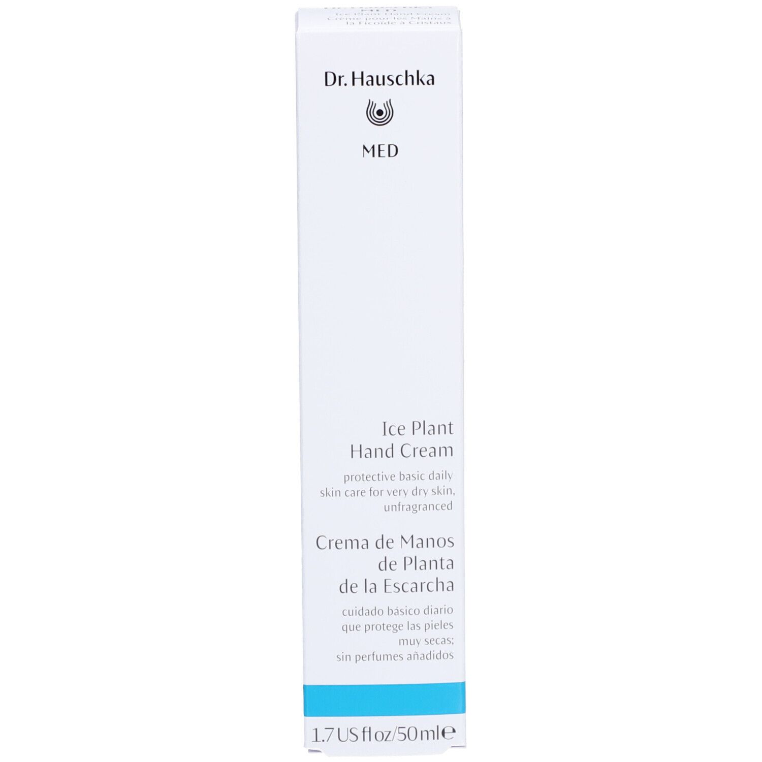 Boîte blanche avec texte bleu. Ice Plant Hand Cream. Crème de Manos de Planta de la Escarcha. 1.7 US fl oz/50ml.