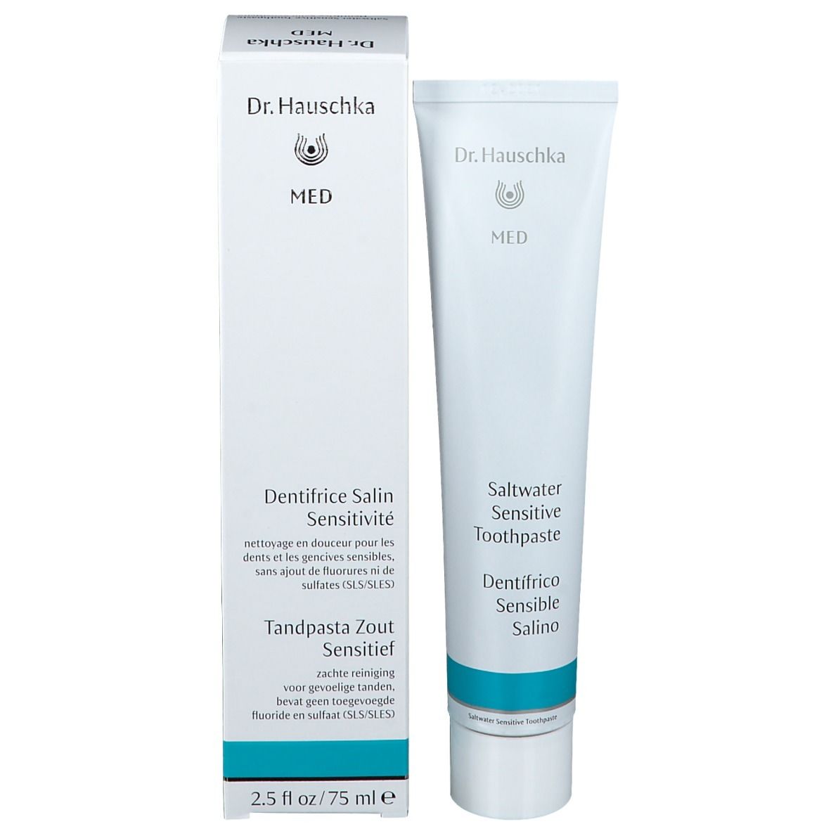 Tube de dentifrice et boîte. Tube : blanc avec accent bleu. Boîte : blanc avec texte bleu. Inscription.