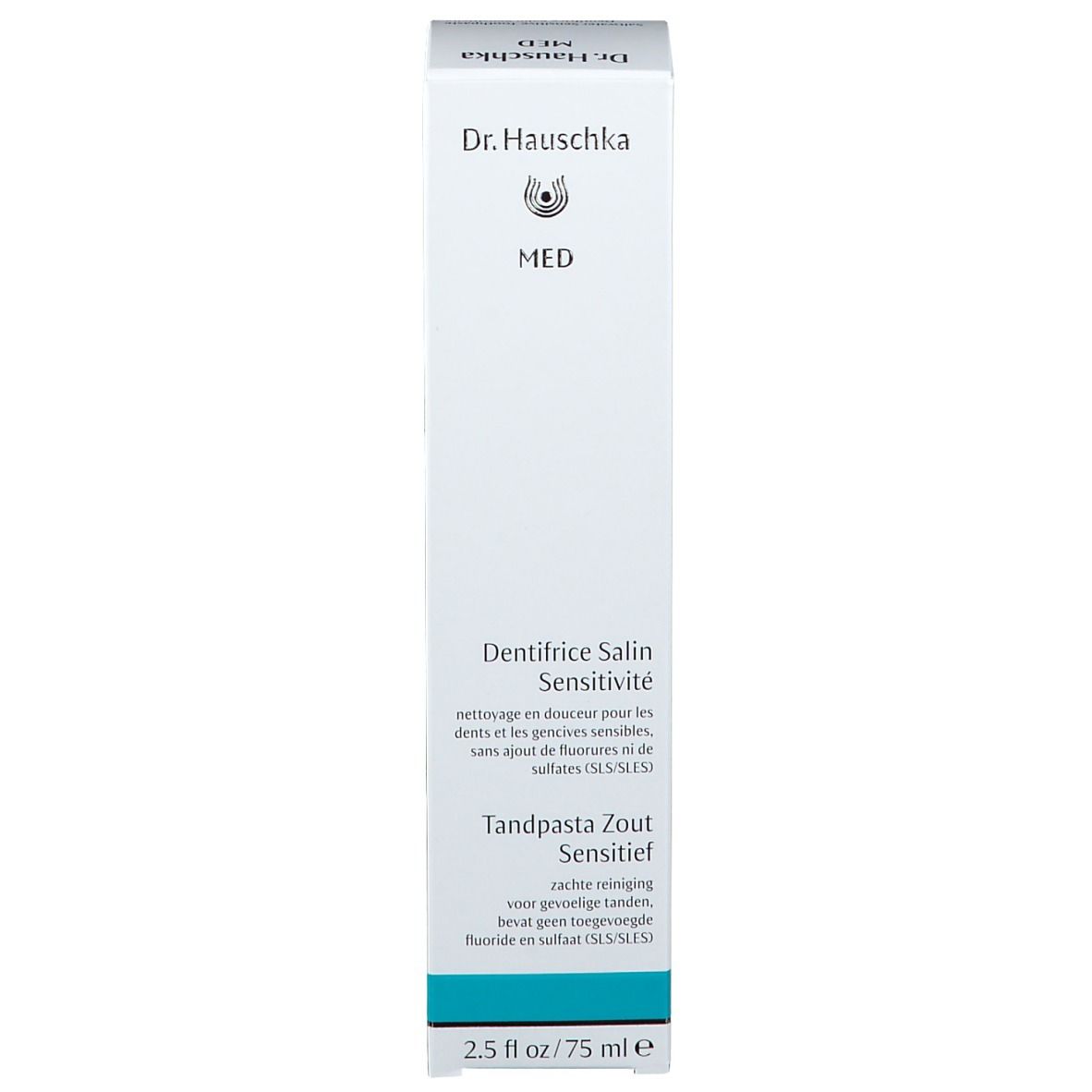Boîte blanche avec texte bleu. Inscription : Dentifrice Salin Sensitivité, Tandpasta Zout Sensitief, 2.5 fl oz / 75 ml.