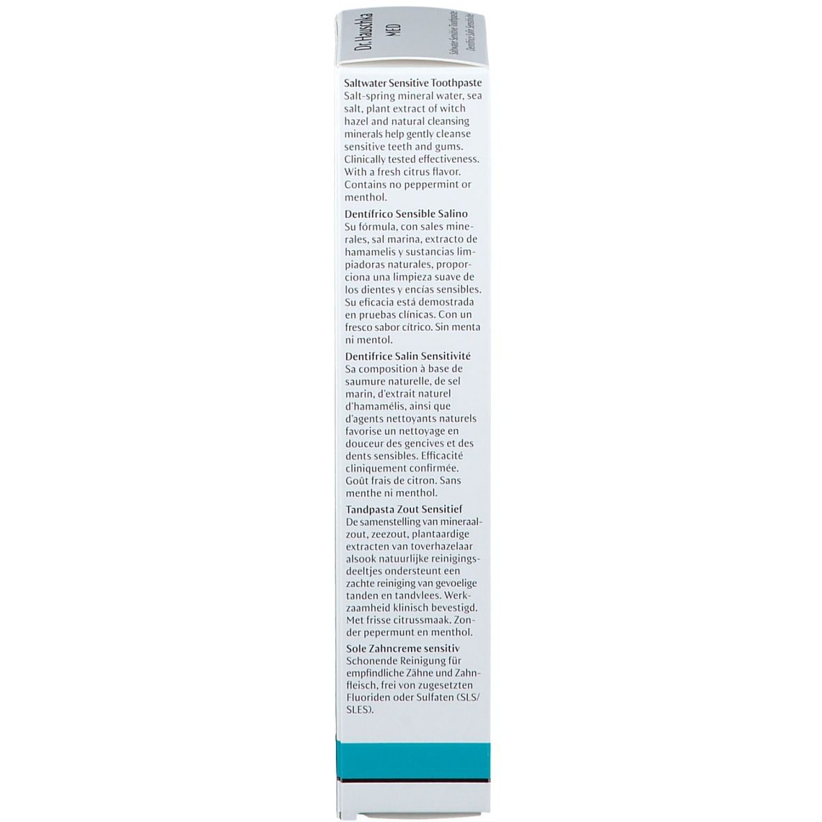 Dos de la boîte avec texte. Inscription : Saltwater Sensitive Toothpaste, Dentifrico Sensible Salino, Dentifrice Salin Sensitivité.
