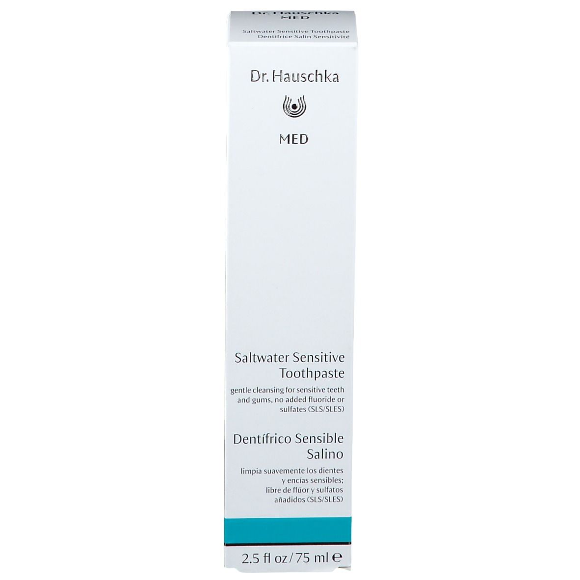 Boîte blanche avec texte bleu. Inscription : Saltwater Sensitive Toothpaste, Dentifrico Sensible Salino, 2.5 fl oz / 75 ml.