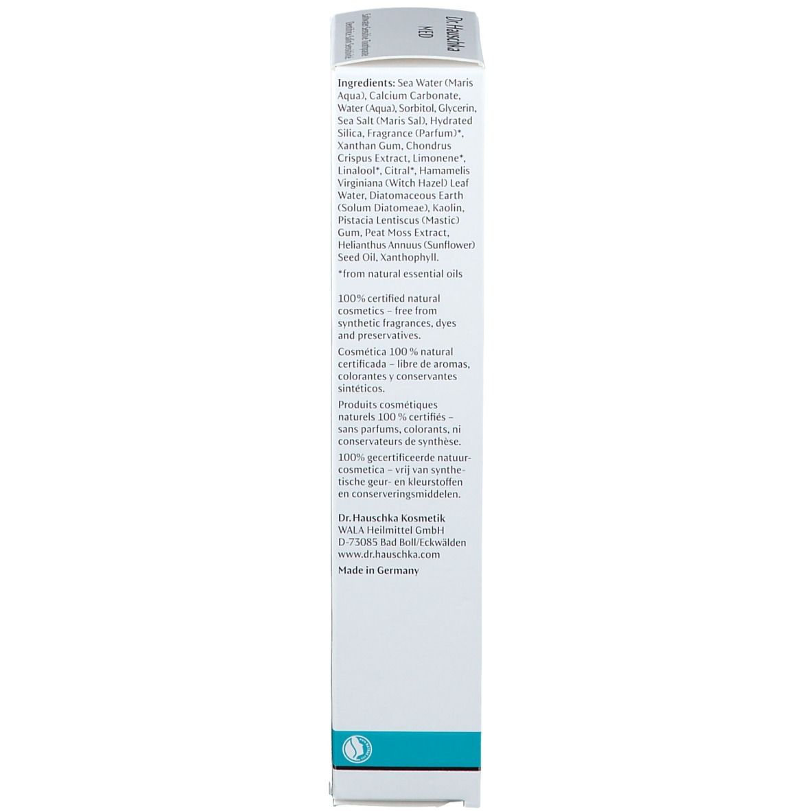 Dos de la boîte avec ingrédients et informations du fabricant. Inscription : Made in Germany, 100% cosmétiques naturels certifiés.