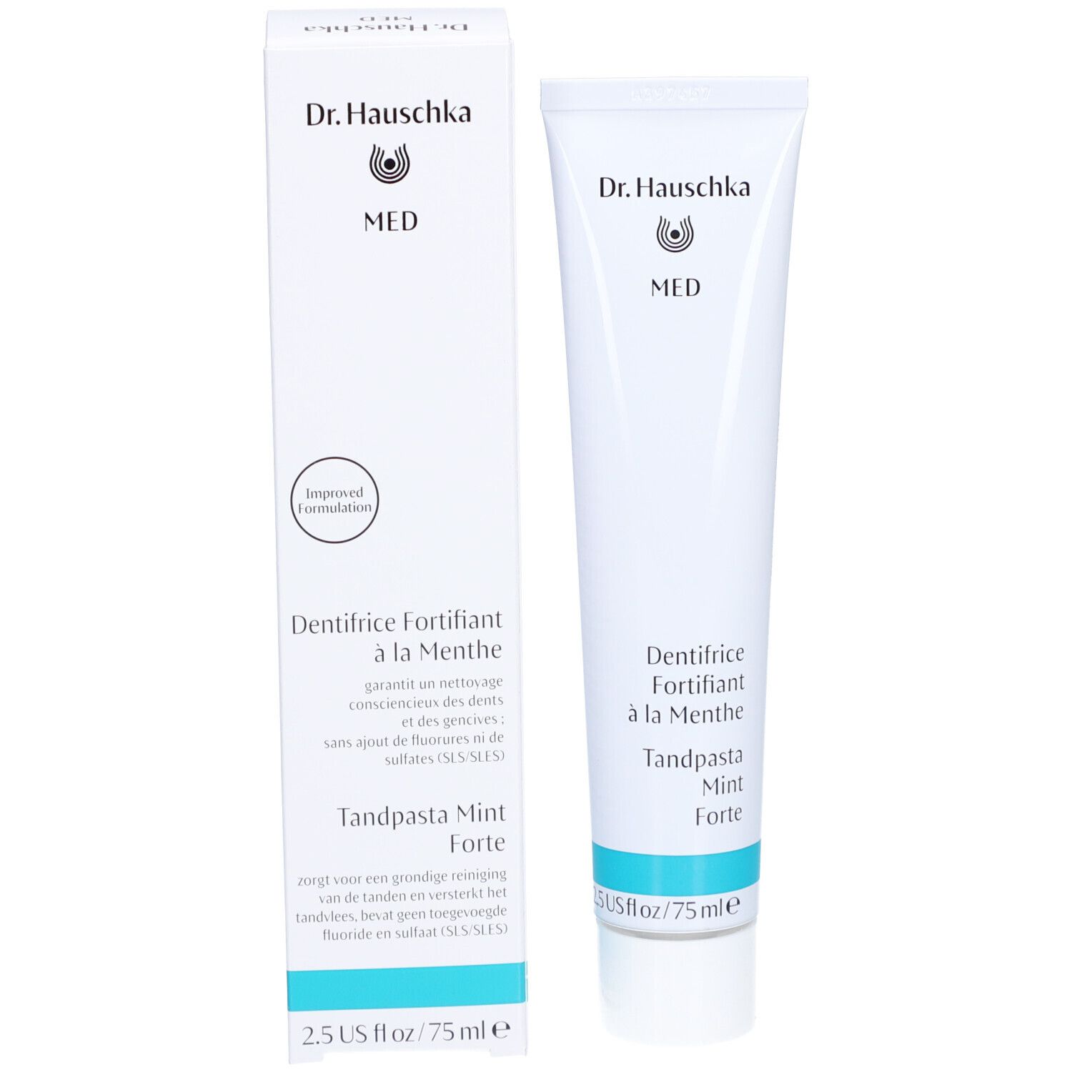 Tandpasta tube en doos van Dr. Hauschka. Wit, blauw, logo. Opschrift: MED, Dentifrice fortifiant à la Menthe, Mint Forte. 2,5 US fl oz / 75 ml.