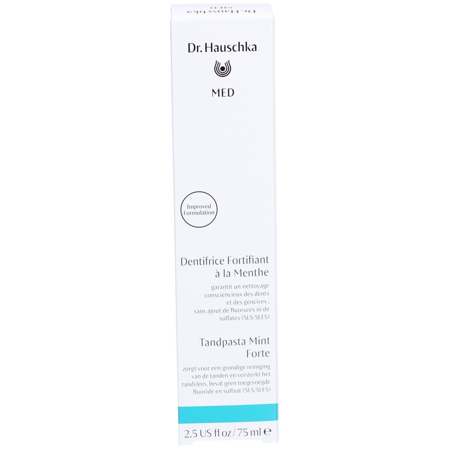 Doos van Dr. Hauschka. Wit, blauw, logo. Opschrift: MED, Dentifrice fortifiant à la Menthe, Mint Forte. 2,5 US fl oz / 75 ml.
