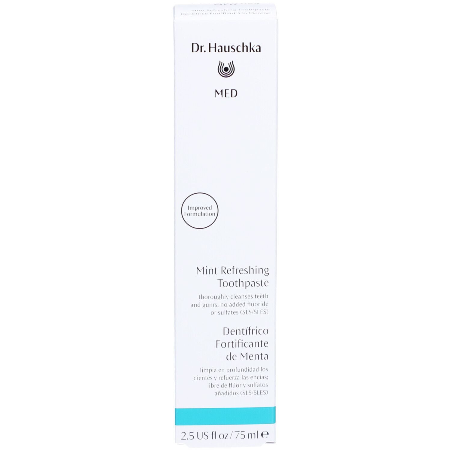 Doos van Dr. Hauschka. Wit, blauw, logo. Opschrift: MED, Mint Refreshing Toothpaste, Dentifrico de Menta. 2,5 US fl oz / 75 ml.