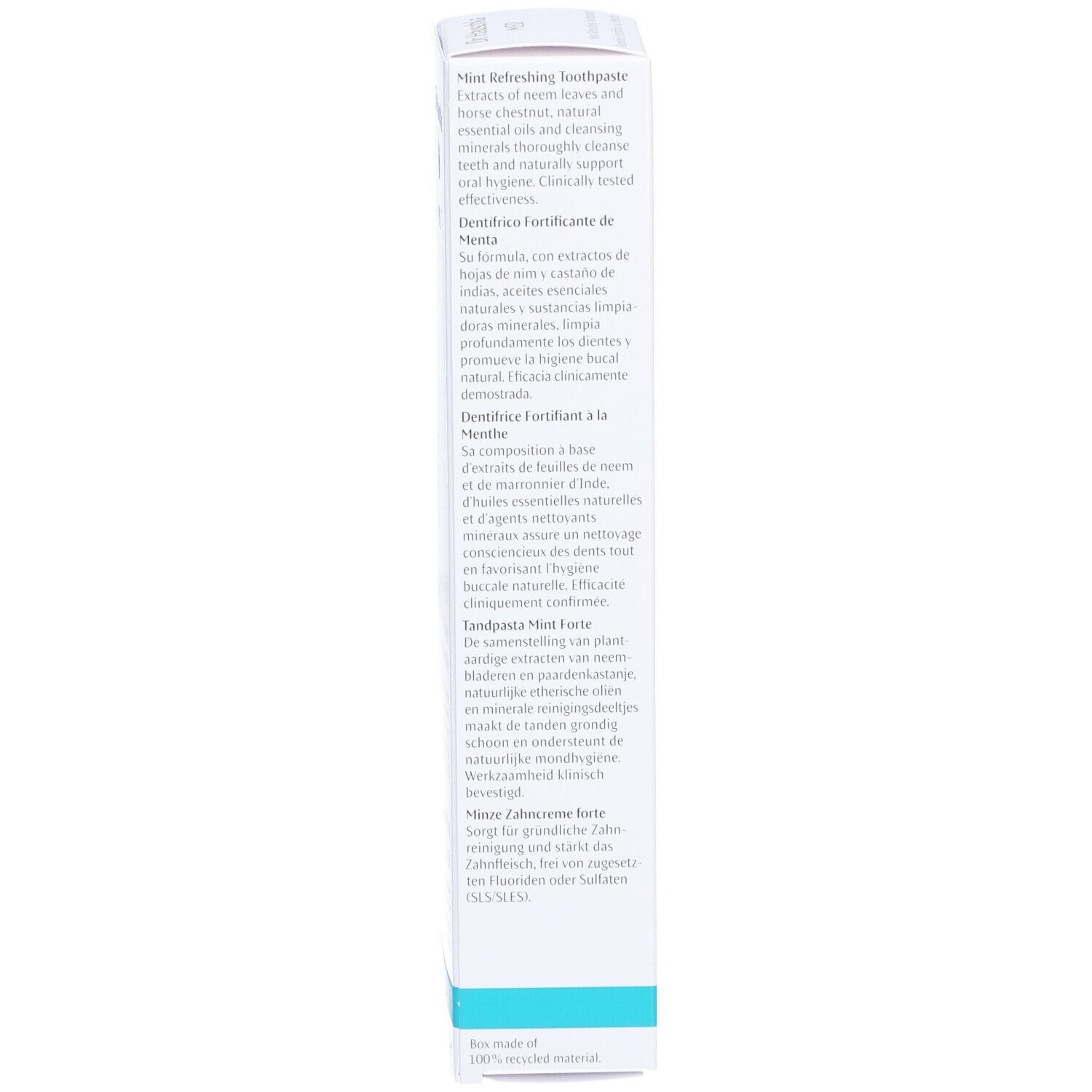 Achterkant van de doos met tekst. Wit, blauw. Opschrift: Mint Refreshing Toothpaste. Bevat essentiële oliën en reinigende mineralen.