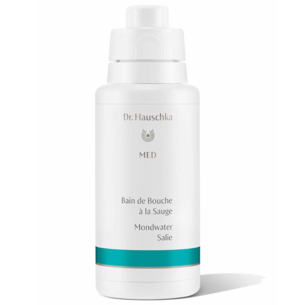 Flacon blanc Dr. Hauschka MED. Bouchon blanc. Bande turquoise. Inscriptions: Bain de Bouche à la Sauge, Mondwater Salie.