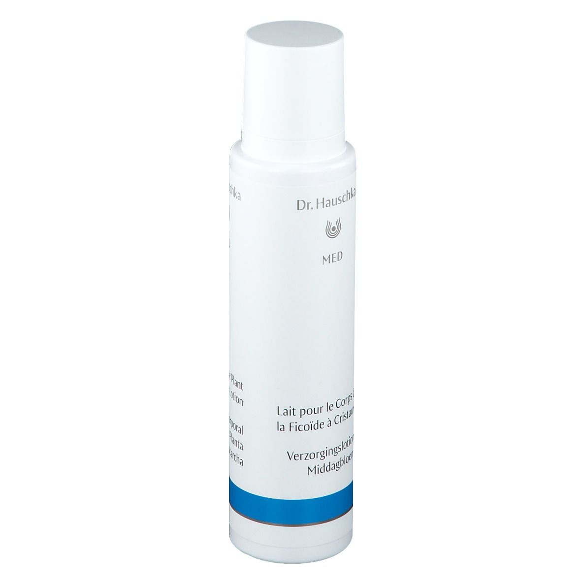 Witte fles met blauwe streep. Opschrift: Dr. Hauschka, MED, Lait pour le Corps à la Ficoïde à Cristaux, Verzorgingslotion.