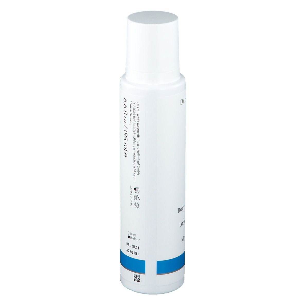 Witte fles met blauwe markering. Opschrift: Dr. Hauschka, MED, 6.6 fl oz / 195 ml e, lotnummer, QR-code.