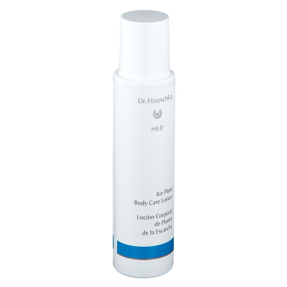 Witte fles met blauwe streep. Opschrift: Dr. Hauschka, MED, Ice Plant Body Care Lotion, Lo
ción Corporal.