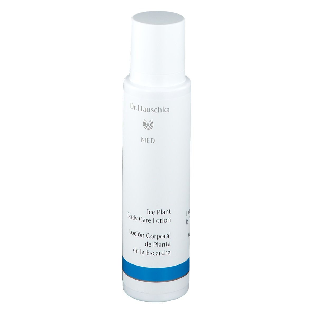 Witte fles met blauwe streep. Opschrift: Dr. Hauschka, MED, Ice Plant Body Care Lotion, Lo
ción Corporal.