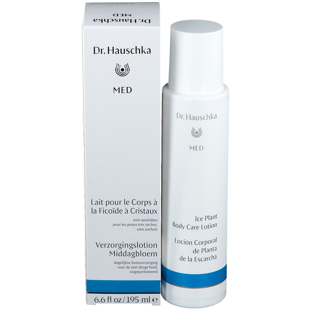 Productfles en verpakking. Opschrift: Dr. Hauschka, MED, Lait pour le Corps à la Ficoïde à Cristaux, 6.6 fl oz / 195 ml e.