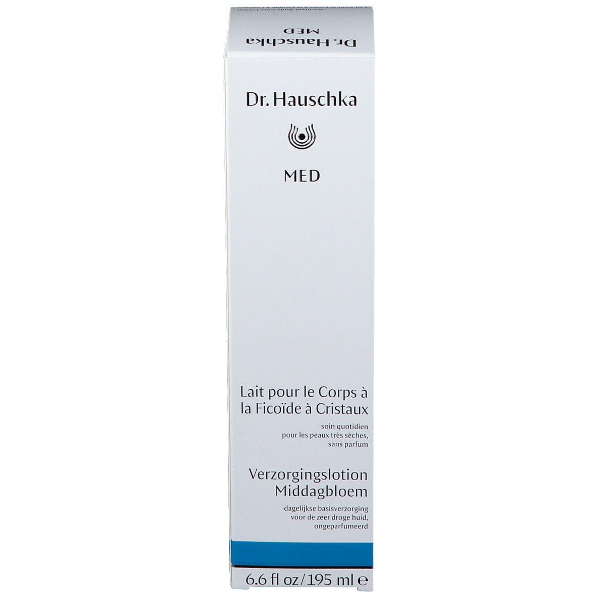 Productverpakking. Opschrift: Dr. Hauschka, MED, Lait pour le Corps à la Ficoïde à Cristaux, 6.6 fl oz / 195 ml e.